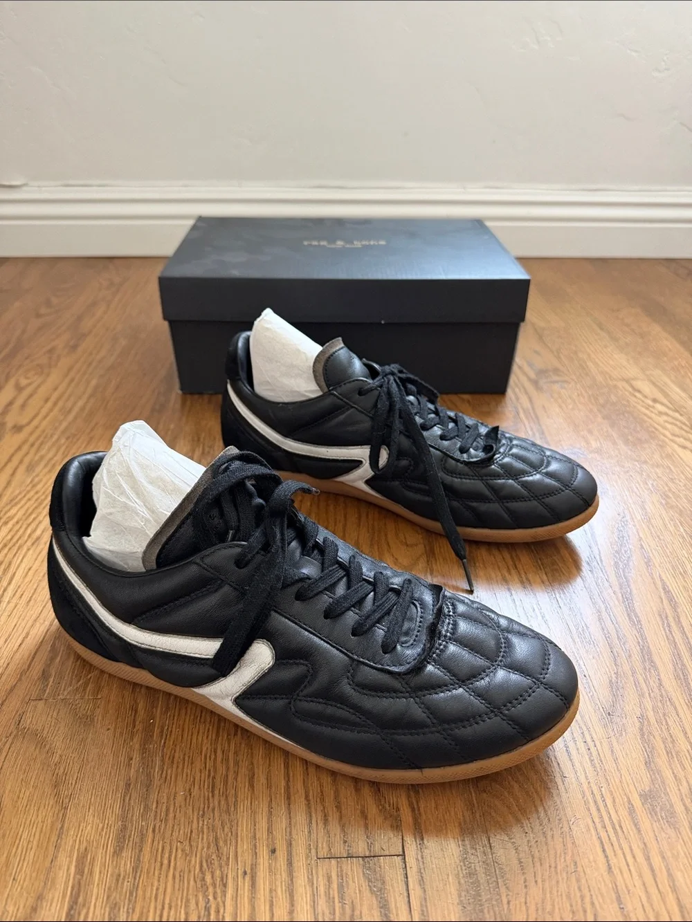 rag & bone Black Quilted Leather Sneakers with White Trim
